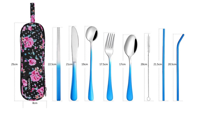 Topbooc Travel Utensils Reusable Silverware Set To Go Portable Cutlery Set with a Waterproof Carrying Case for Lunch Boxes Workplace Camping Picnic (GraBlue) - Image 2